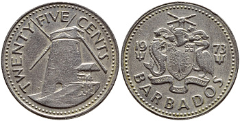 Барбадос 25 центов 1973 ветряная мельница Моргана Льюиса KM 13 медно-никель 4398-316