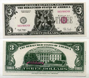 США 3 ДОЛЛАРА 1998 СУВЕНИРНАЯ БАНКНОТА, РАЗГУЛЬНЫЕ ШТАТЫ АМЕРИКИ, ВЕЧЕРИНКИ БИЛА КЛИНТОНА бумага UNC (ПРЕСС) 8588-69-4-2