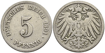 ГЕРМАНИЯ 5 ПФЕННИГОВ 1891 G, РЕДКАЯ KM 11, Jager 12, Weege 6 медно-никель 4547-325