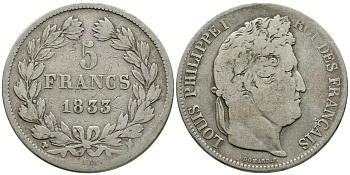 Франция 5 франков 1833 M, Луи Филипп I (1830-1848) KM 749.9 серебро 1066-6-32
