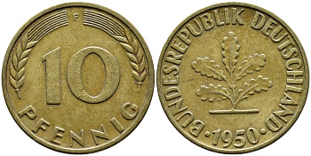 ФРГ 10 ПФЕННИГОВ 1950 F KM 108, J.383 сталь плакированная латунью 73-1117
