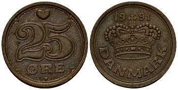 Дания 25 эре 1991 Маргрете II (1972- ) KM 868 бронза 4173-751