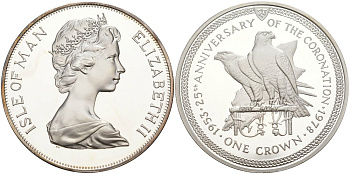 Остров Мэн 1 крона 1978 25 лет коронации королевы Елизаветы II, соколы, в оригинальной коробке, с сертификатом KM 43а серебро PROOF 3-4-4-19
