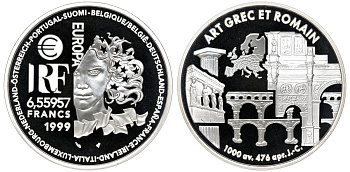 Франция 1 евро = 6,55957 франков 2000 греко-романский стиль в архитектуре (1000 до н.э.- 476 н.э.) в коробке с сертификатом KM 1244 серебро PROOF 4-3-3-13