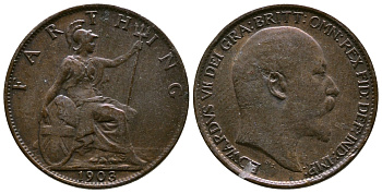 Великобритания 1 фартинг 1903 Эдуард VII (1901-1910), KM 792, Spink 3992 бронза 4384-225