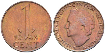 Нидерланды 1 цент 1948 Вильгельмина (1890-1948), год тип KM 175 бронза 211-713