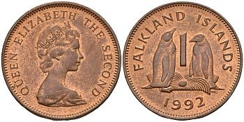 Фолклендские острова 1 пенни 1992 Елизавета II (1952-2022), папуанский пингвин KM 2 бронза 4158-258