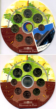 Франция евронабор из 8 монет + жетон мондвора 2005 150 лет Эйфелевой башне, в оригинальном картонном буклете, сертификат BUNC 5-4-4-20