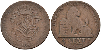 Бельгия 2 сантима 1864 Belges KM 4.2 медь 4595-211