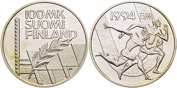 Финляндия 100 марок 1994 стадион дружбы, бег KM 78 серебро UNC 1515-1143