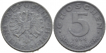 АВСТРИЯ 5 ГРОШЕЙ 1955 KM 2875 цинк 3309-947