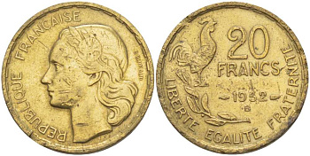 ФРАНЦИЯ 20 ФРАНКОВ 1952 В KM 917.2 алюминиевая бронза 4390-1224