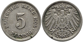 ГЕРМАНИЯ 5 ПФЕННИГОВ 1906 G KM 11, Jager 12, Weege 6 медно-никель 4547-455