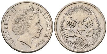 Австралия 5 центов 2001 Елизавета II (1952-2022), ехидна KM 401 медно-никель 4623-368