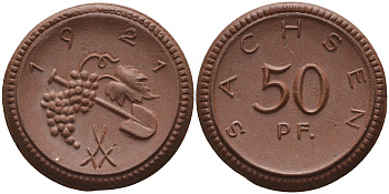 Саксония 50 пфеннигов 1921 виноград и лопата J. N 54 фарфор 1094-5-55