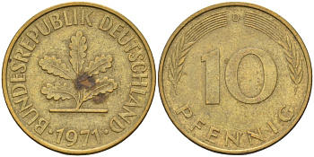 ФРГ 10 пфеннигов 1971 D KM 108 сталь плакированная латунью 4126-534