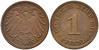 Германия 1 пфенниг 1914 J KM 10, J. 10 медь 4567-1154