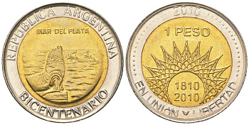 Аргентина 1 песо 2010 200 лет Аргентине - Мар-дель-Плата KM 158 биметалл UNC 4620-653