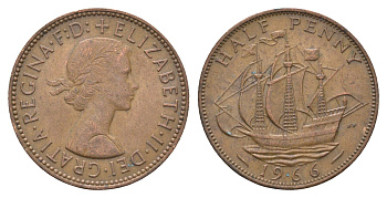 Великобритания 1/2 пенни 1966 Елизавета II (1952-2022) KM 896, Spink 4158 бронза 4662-1257