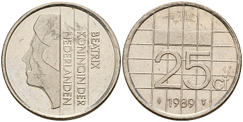 Нидерланды 25 центов 1989 Беатрикс (1980-2013) KM 204 никель    4598-441