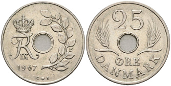 Дания 25 эре 1967 С; S, Фредерик IX (1947-1972) KM 855.1 медно-никель 4571-337