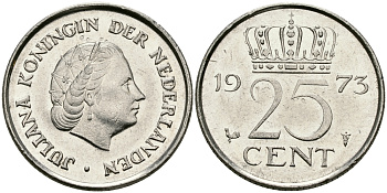 НИДЕРЛАНДЫ 25 ЦЕНТОВ 1973 ЮЛИАНА KM 183 никель 96-231