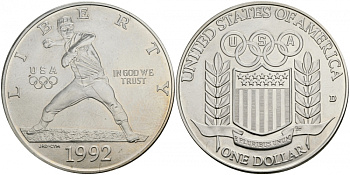 США 1 доллар 1992 D, Олимпийские игры, бейсбол KM 234 серебро UNC 4127-921