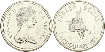 Канада 1 доллар 1975 100 лет Калгари (1875-1975), родео на лошадях, ковбой KM 97 серебро UNC 1098-3-64