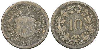 Швейцария 10 раппенов 1850 BB KM 6 серебро 4615-524