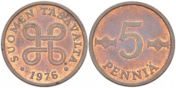 ФИНЛЯНДИЯ 5 ПЕННИ 1976 KM 45 медь UNC 3718-123