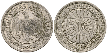 Германия 50 рейхспфеннигов 1928 A KM 49, J. 324 никель 4588-1215