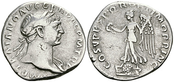 Римская Империя денарий 103 - 111 Траян COS V PP SPQR OPTIMO PRINC Виктория, держащая венок и пальмовую ветвь Рим Very fine RIC 131 серебро 1073-4-24