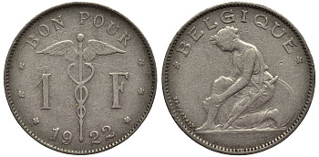 Бельгия 1 франк 1922 Belgique, Альберт I (1910-1934) KM 89 никель 27-1015