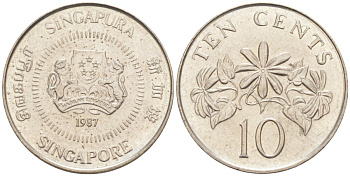 Сингапур 10 центов 1987 KM 51 медно-никель 187-462