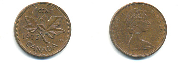 Канада 1 цент 1975 Елизавета II (1952-2022), кленовый лист KM 59.1 бронза 177-1345