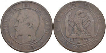 ФРАНЦИЯ 10 САНТИМОВ 1855 BB, НАПОЛЕОН III (1852-1870) KM 771.3, LE FRANC 133.23 бронза 114-1243
