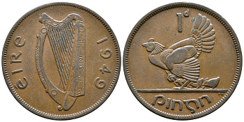ИРЛАНДИЯ 1 ПЕННИ 1949 КУРИЦА С ЦЫПЛЯТАМИ KM 11 бронза 4110-326