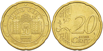 АВСТРИЯ 20 ЕВРОЦЕНТОВ 2009 ДВОРЦОВЫЙ КОМПЛЕКС БЕЛЬВЕДЕР В ВЕНЕ KM 3140 латунь UNC 25-1854