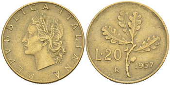 Италия 20 лир 1957 R, дубовая ветвь KM 97 алюминиевая бронза 4567-339