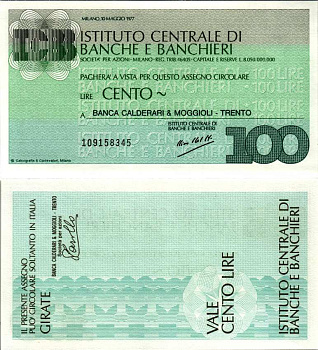 Италия 100 лир 1977 10 мая 1977 Istituto centrale Di Banche e banchieri, Milano бумага UNC (пресс) 3295-24-1-1