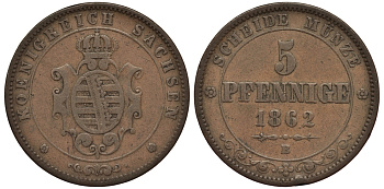 Саксония 5 пфеннигов 1862 B, Йоханн (1854-1873) KM 1218 медь    413-5243