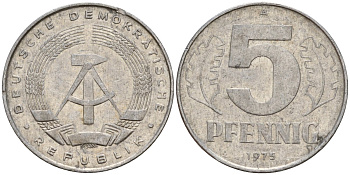 ГДР 5 пфеннигов 1975 A KM 9.1 алюминий 218-761