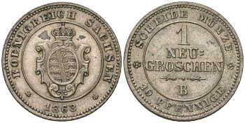 Саксония 1 новый грош - 10 пфеннигов 1863 B, Иоганн I (1854-1873) KM 1219 серебро 4547-252