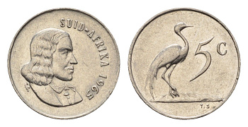 ЮАР 5 центов 1965 Ян ван Рибек (1619-1677), Suid Africa, легенда на африкаанс, райский журавль KM 67.2 медно-никель 4694-418