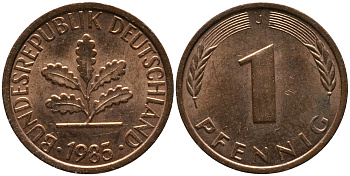 ФРГ 1 ПФЕННИГ 1985 J KM 105, J.380 сталь плакированная медью 96-1119