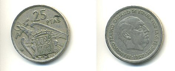 ИСПАНИЯ 25 ПЕСЕТ 1957 (69) ФРАНСИСКО ФРАНКО ДИКТАТОР ИСПАНИИ (1939-1975) KM 787 медно-никель 54-2234