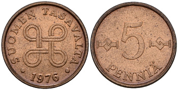 Финляндия 5 пенни 1976 KM 45 медь 4602-263