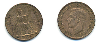 Великобритания 1 пенни 1939 Георг VI (1936-1952) KM 845, Spink 4114 бронза 83-615