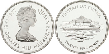 Тристан-да-Кунья 25 пенсов 1977 25 лет правления Елизаветы II (1952-1977), тираж 25000 экз. KM 1a серебро PROOF 1069-3-12