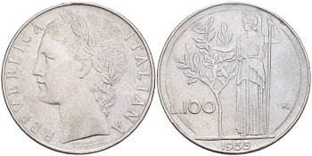 ИТАЛИЯ 100 ЛИР 1955 R, АФИНА У ОЛИВКОВОГО ДЕРЕВА, РЕДКИЙ ГОД KM 96.1 нержавеющая сталь 4545-616